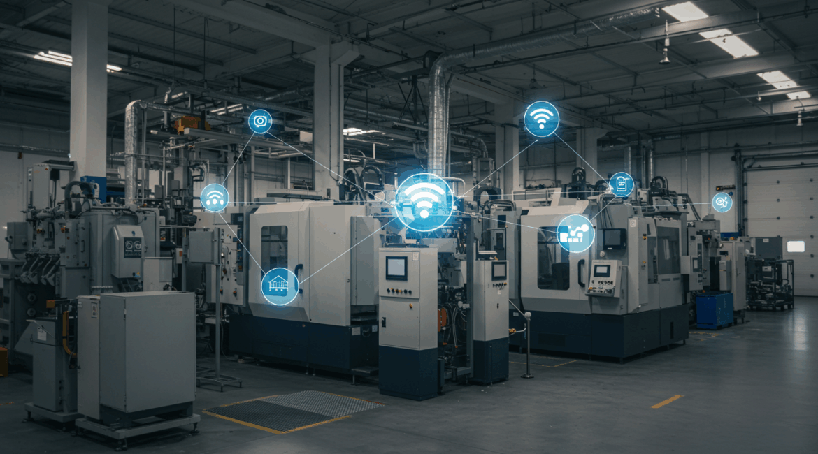 Chão de fábrica com máquinas conectadas por sensores IoT luminosos e fluxos de dados para manufatura inteligente e automação.