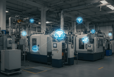 Chão de fábrica com máquinas conectadas por sensores IoT luminosos e fluxos de dados para manufatura inteligente e automação.