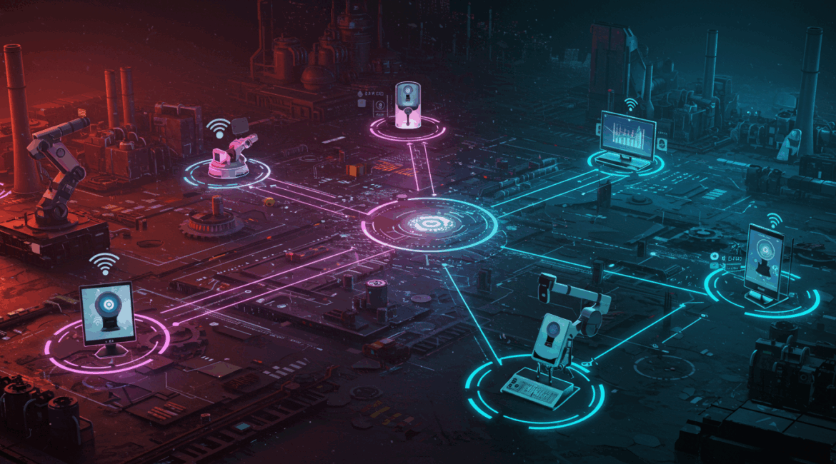 Ilustração conceitual de conectividade resiliente em IoT, com dispositivos interconectados funcionando de maneira contínua e segura em ambientes remotos e industriais.