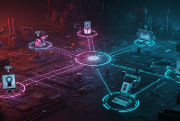 Ilustração conceitual de conectividade resiliente em IoT, com dispositivos interconectados funcionando de maneira contínua e segura em ambientes remotos e industriais.